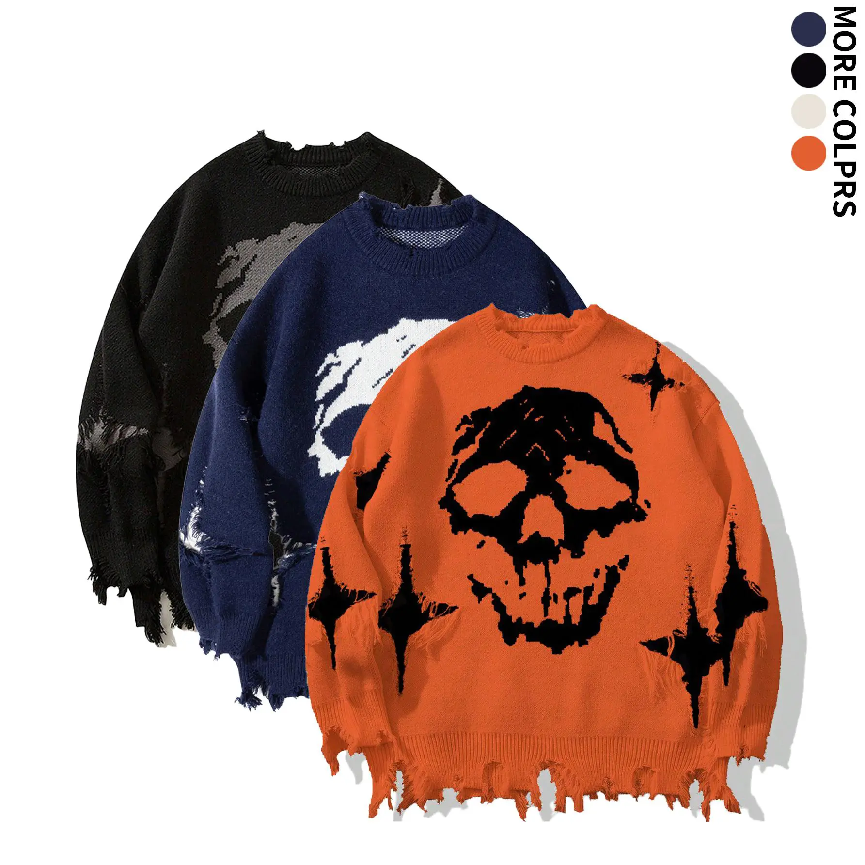Distressed fringe knit sweater with ripped details, eye-catching orange colorway, jacquard large skull pattern, raw-edge hem and cuffs, soft and skin-friendly, loose fit that hides bulges for a slimming look, a niche streetwear piece.