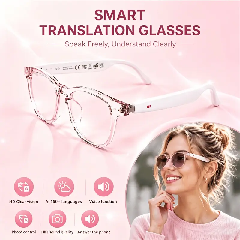 AI Translation Smart Audio Glasses, App-Based Real-Time & Video Call Translation, photochromic uv protection lens, Bluetooth Music, Hands-Free Calls, Voice Recording & AI Meeting Summaries, Fashion daily wearable&Gift for Women&men