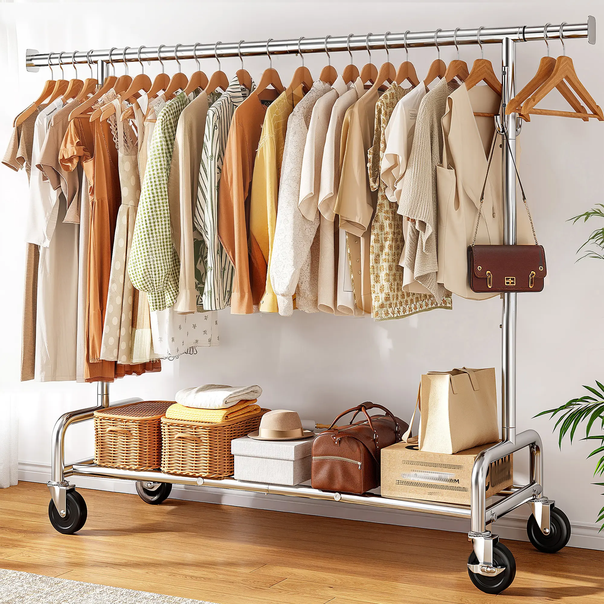 Raybee Heavy Duty Clothes Rack | 450LBS Max Load, Lockable Wheels,75" Extendable Height & Length Garment Rack for Bedroom, Laundry Room, Commercial
