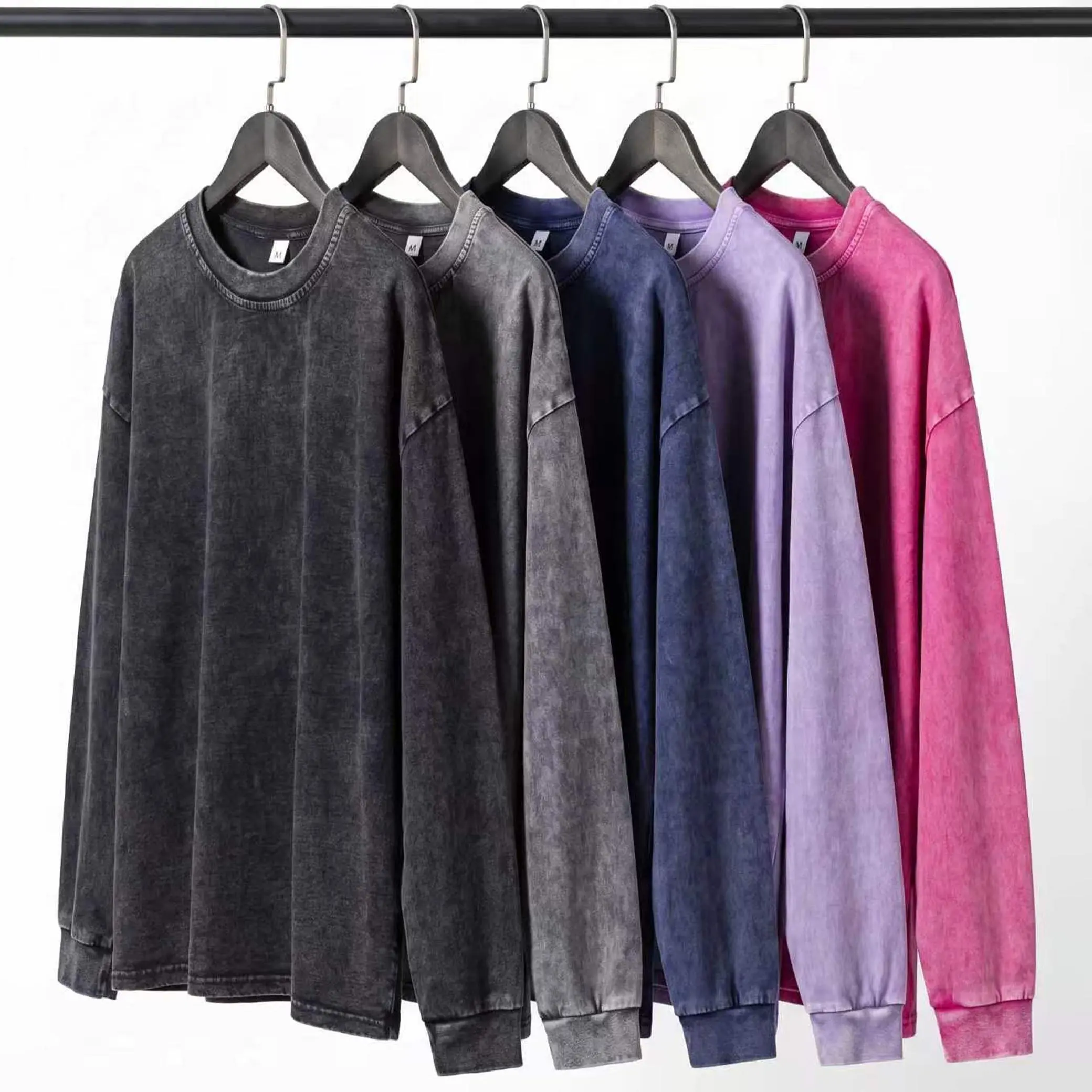 Men’s American vintage washed distressed long-sleeve T-shirt, heavyweight loose fit, solid color crew neck, suitable for wearing alone or layering