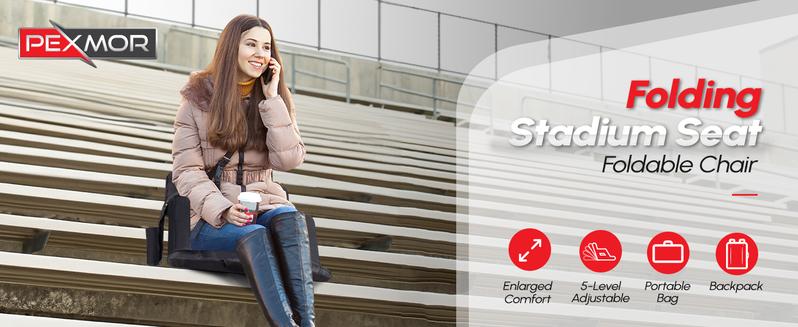 PEXMOR Folding Stadium Seats for Bleachers w/Back Support, Bleacher Chair w/Cushion & Armrest, 5-Reclining Position Portable Padded Stadium Chair w/Pockets, Carrying Bag(2 PCS) Beverage Pouch Straps