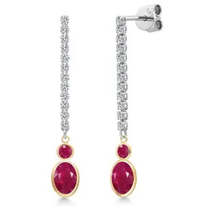 Gem Stone King 14K Two Tone Gold Red Ruby and Lab Grown Diamond Dangle Earrings for Women | 2.79 Cttw | Gemstone July Birthstone | Oval 7X5MM
