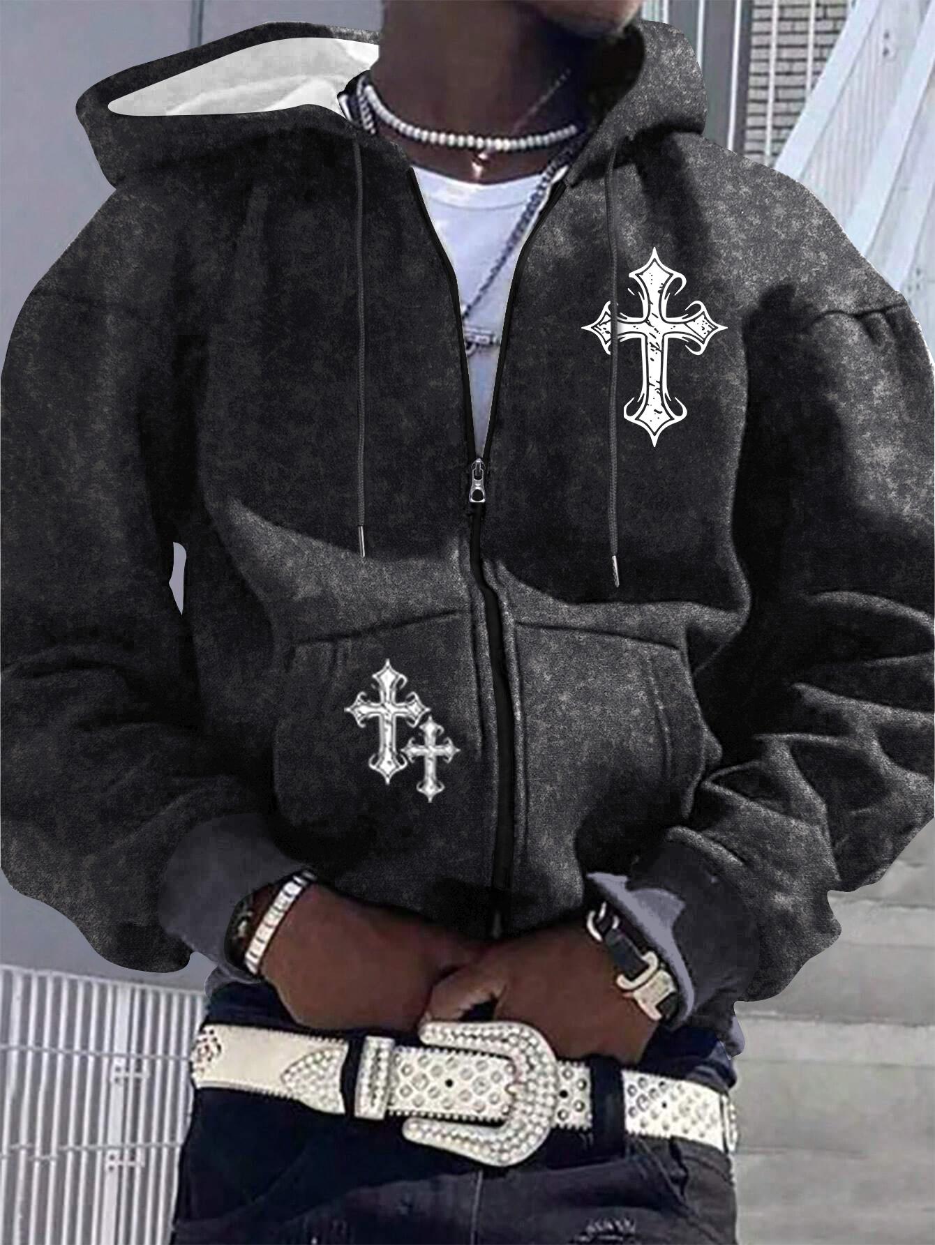 Spring and Autumn New Men's Jacket Cross Printed Pattern Zip Pocket Regular Large Size Travel Holiday Outdoor Camping Men's Top Clothes