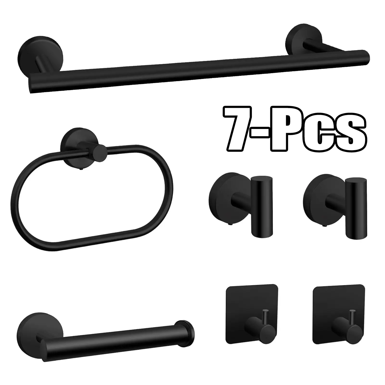 7-Pieces Matte Black Stainless Steel Bathroom Hardware Accessories Set - Wall-Mounted Towel Bar with Installation Components for Home Improvement Fixtures (Bathroom Sets)