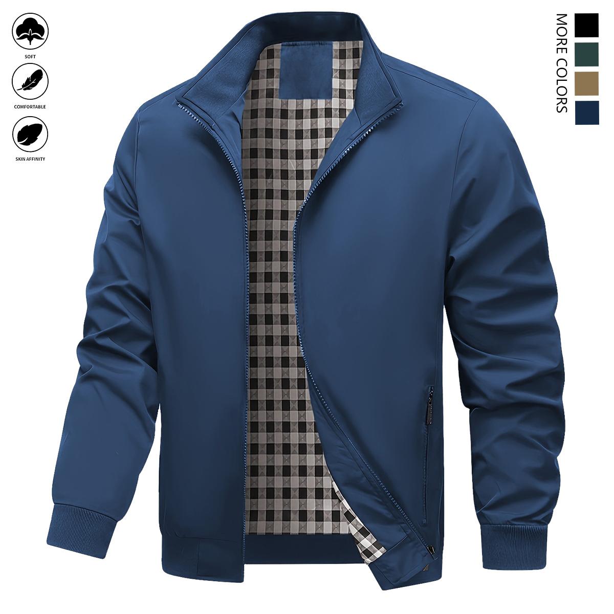 Men's Lightweight Polyester Jacket - Non-Stretch Formal and Daily Jacket, Stand Collar Design, Zipper Pocket - Office, Work Clothing, Spring and Autumn Casual Outerwear - Easy Care Professional Suit, Simple Style, Washable Fabric