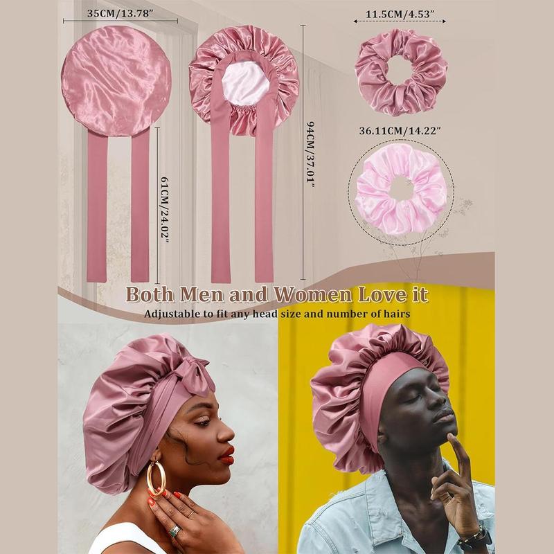 AWAYTR Double Layer Satin Bonnet for Sleeping Cap Women Reversible Hair Bonnets with 2PCS Hair Scrunchies Elastic Tie Band Nightcap Gifts for Women