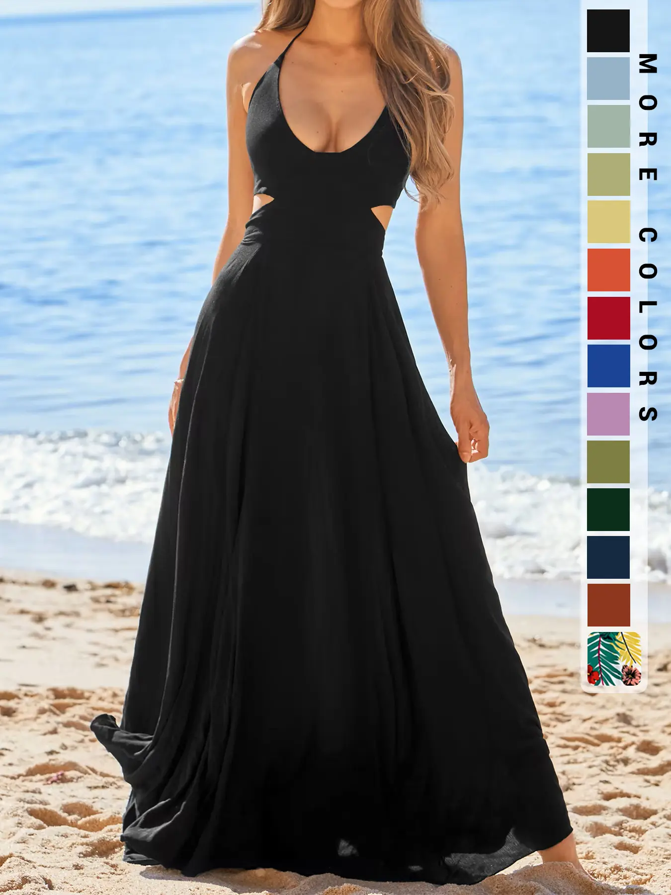 Women's Plain Cut Out Backless Halter Dress, Boho Bohemian Sleeveless Tie Back A Line Maxi Dress for Beach Holiday Vacation, Ladies Clothes for All Seasons, Casual Elegant Dresses