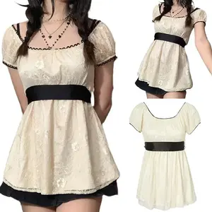 Women Y2k Fairy Grunge Shirt Top Short Sleeve Lace Trim U Neck A-Line T-Shirt Vintage Aesthetic Tees Tops E-Girls Goth Clothes StreetwearGift