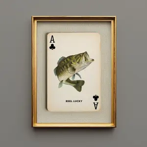 [UNFRAMED] Reel Lucky Largemouth Bass Playing Card Artwork, Rustic Lake House Fishing Wall Art Poster, Gift for Fishermen,