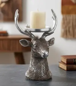 Polyester Resin Deer Statue Candle Holder Christmas Reindeer Statue, 9 Inches, Antique Silver Home Decor Crafts, Vintage Silver Deer Candlestick, Suitable for Christmas Decorations, Holiday Wedding