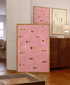 Tiny Swimmers at pool Art Print, Minimalist Tiny People Swimming in Pink Beach Painting, Girly Textured summer wall art, Aerial