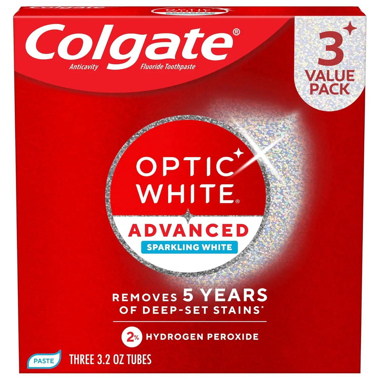 Colgate Optic White Advanced Whitening Toothpaste with Hydrogen Peroxide, Stain Remover for Daily Use, Gluten Free, Triple Mint, 3.2 oz, 3 Count, Peppermint, Teeth Stain Remover, Healthy Toothpaste, Teeth Whitening, Adults, Prevents Cavities