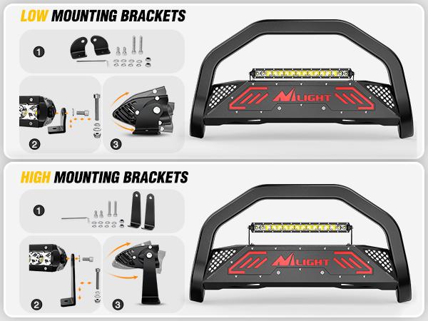 Nilight Bull Bar with Light fits Dodge Ram 1500 New Body 2019-2024 (Not fit Rebel,TRX,Classic & 20-22Diesel) Front Bumper Grille Brush Push Guard with Skid Plate Licence Hole Black