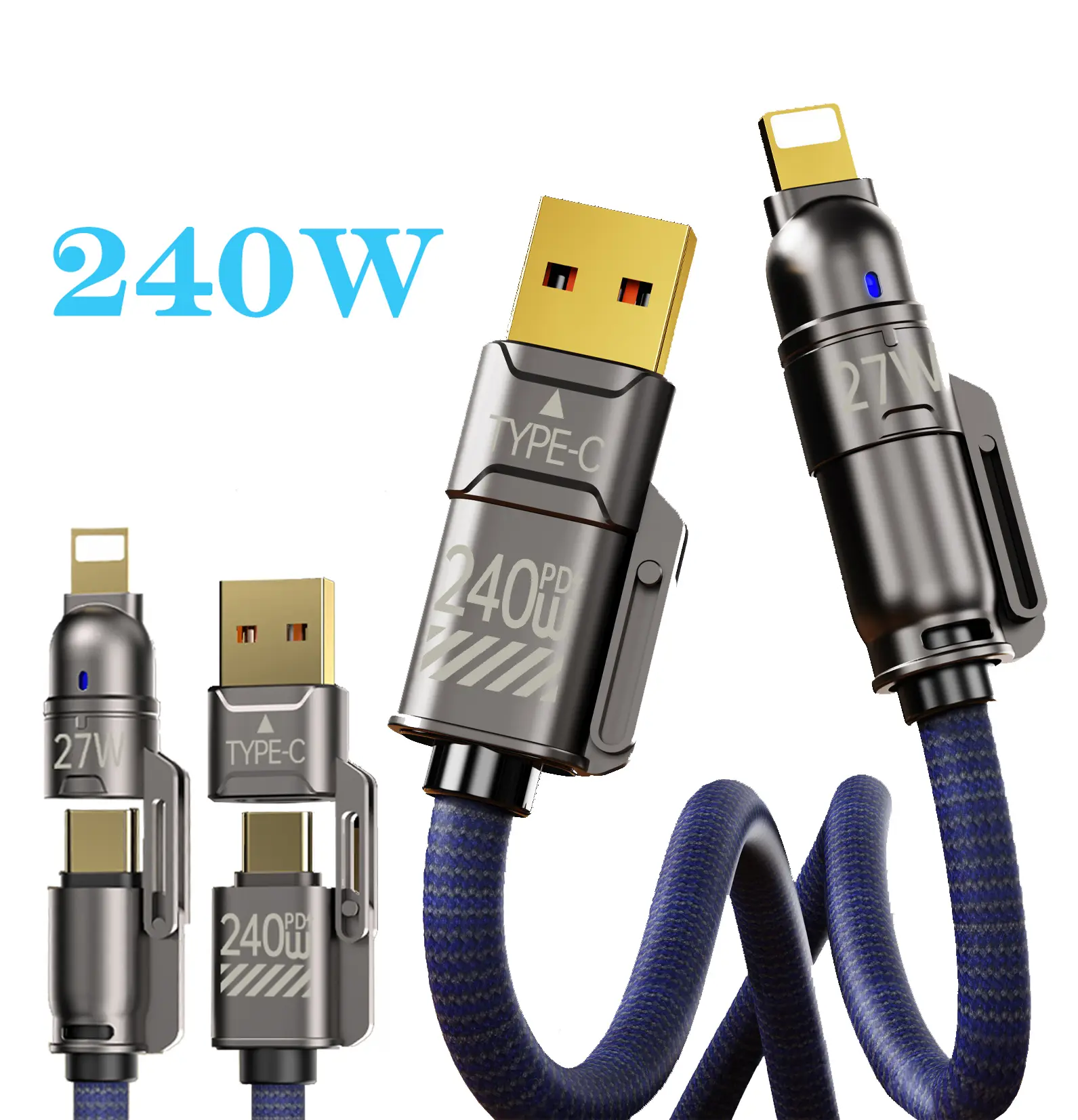 240W USB-C Fast Charger Set - Alloy Aluminium Adapter with 5.9FT 4-in-1 USB-A+Type-C Data Sync Cable for Smartphones, Cellphones, Tablets, Computers, Electronic Devices, Lightning Chargers