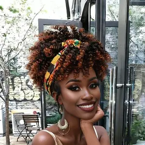 Kinky Curly Afro Puff Wig with Bangs Highlight Blonde Headband Wigs Afro Curly Headband Wig with Bangs Afro Wigs for Black Women Turban Wrap strap -Wigs 8inch