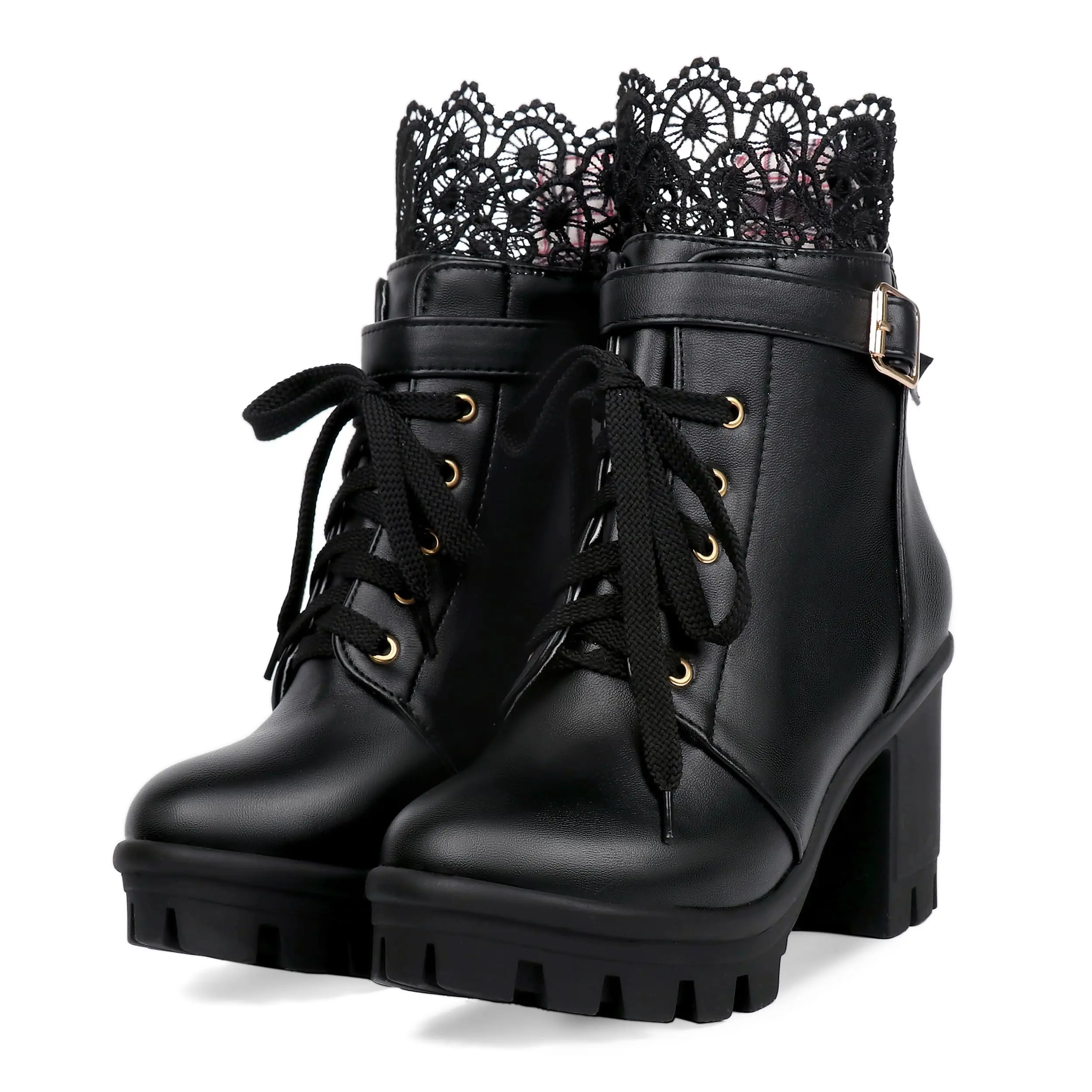 Goth Platform Boots Combat Boots Chunky Heel Ankle Booties for Women Punk Buckle Gothic Boot with Zipper Lace Up Dress Shoes Black/White