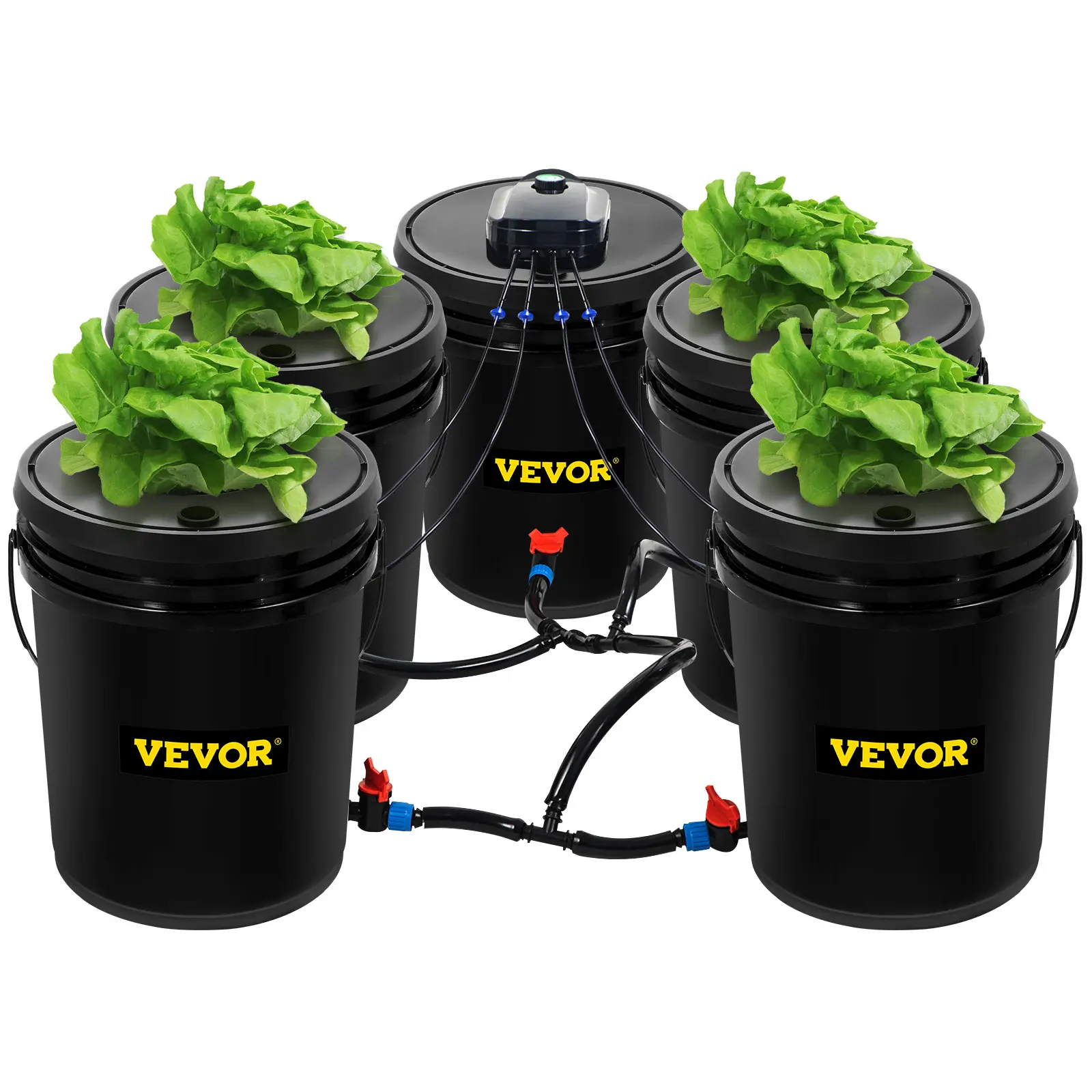 【summerfinds】VEVOR DWC Hydroponic System, 5 Gallon 5 Buckets, Deep Water Culture Growing Bucket, Hydroponics Grow Kit with Pump, Air Stone and Connected Reservoir, for Indoor/Outdoor Leafy Vegetables