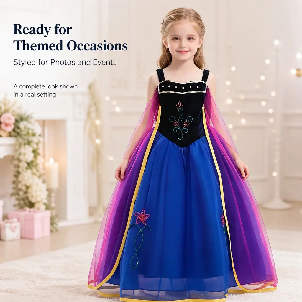 Girls Fantasy Princess Dress, Fairy Tale Stage Performance Gown with Layered Tulle Skirt, Kids Formal Costume Dress for Birthday Party, Pageant, Halloween & Holiday Events