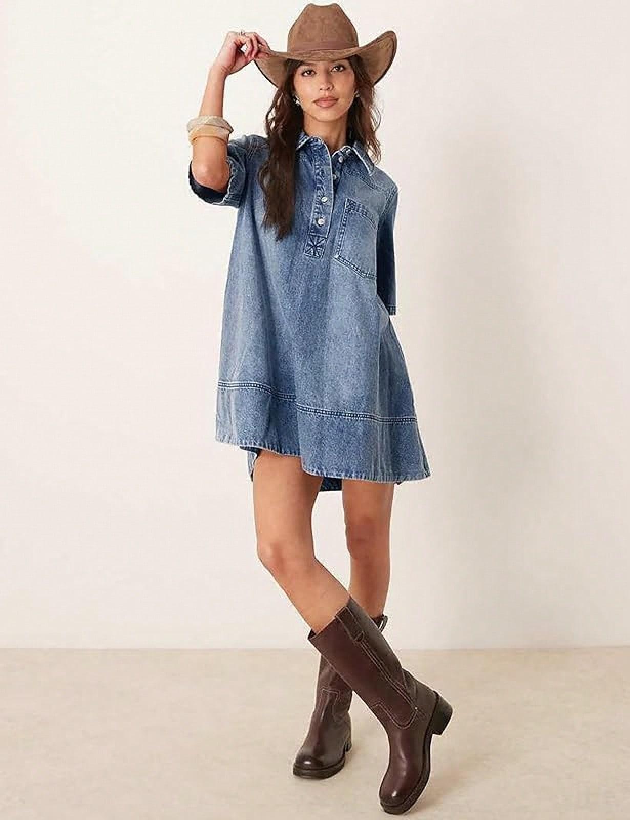 Elengatine Women's Denim Shirt Mini Dress - Short Sleeve A-Line Swing Fit with Button Half-Placket and Chest Pocket, Soft Washed Jean Fabric, Back Yoke with Pleated Detail for Extra Movement & Shape, Easy Throw-On Outfit for Summer Brunch