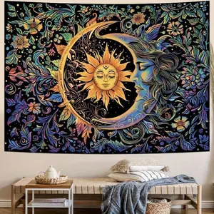 Tapestry  Bohemian Sun and Moon Wall Tapestry  Psychedelic Floral Art, Vibrant Celestial Design with Flowers and Swirling Patterns, Polyester Peach Skin Fabric