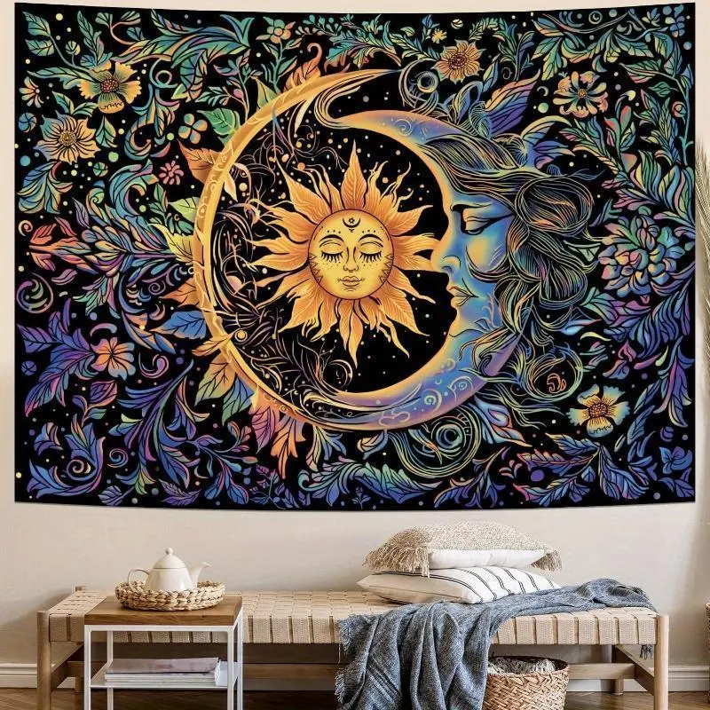 Bohemian Rectangular Sun and Moon Wall Tapestry - Psychedelic Flowers, Celestial Swirls Decor, Velvet Peach Skin Polyester Fabric, 40x30in Multi-Size for Room Art, Outdoor Decor, Home Inspo (Gentle Hand Wash Recommended)