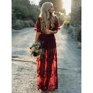 Women's Deep V-Neck Lace Romper - Short Sleeve Embroidery Long Dress Lace Plunge A-line Split Hem - For Women - Suitable for Vacation, Christmas Parties - Perfect Gift for Women Dressy Casual Jumpsuit Womenswear Overalls Fitted