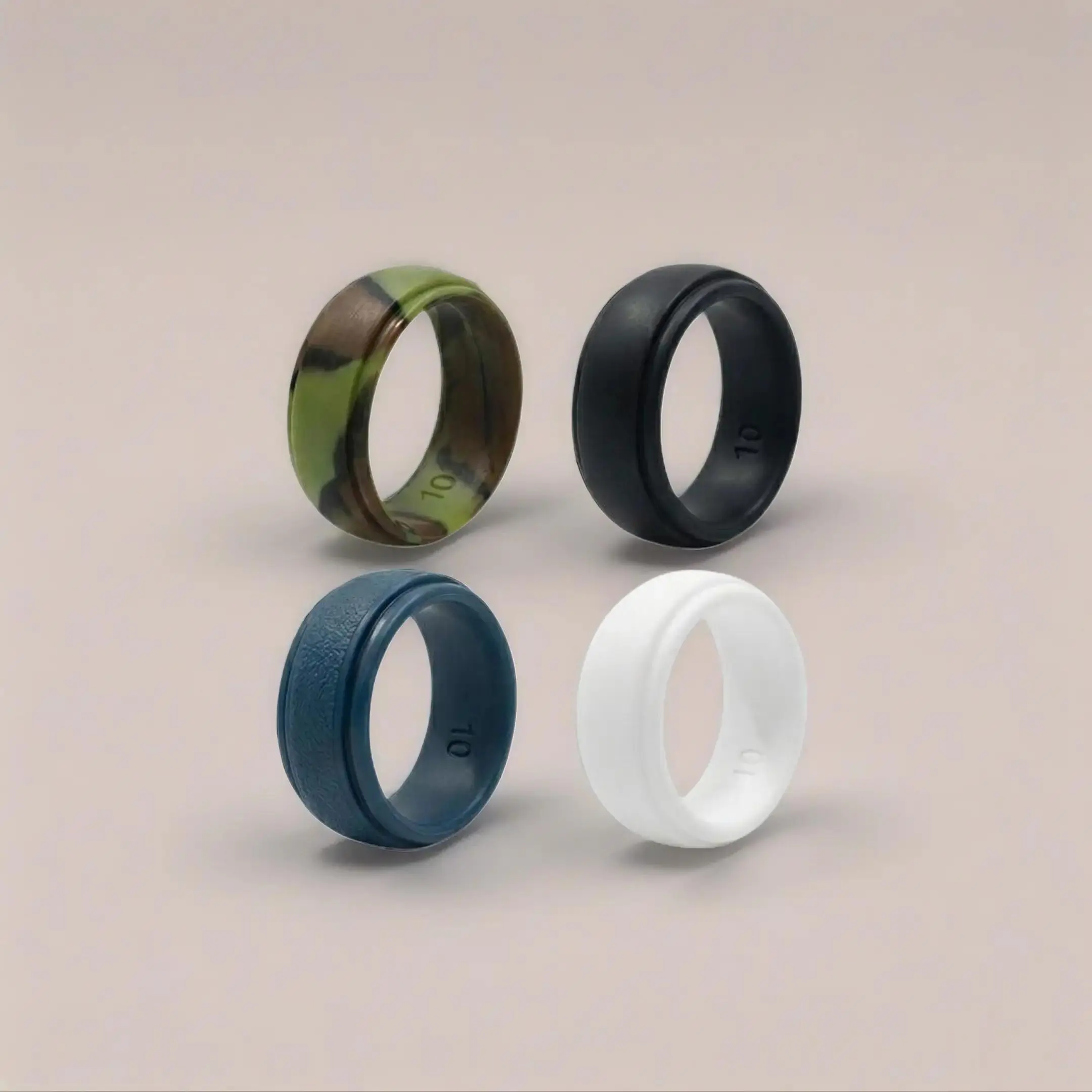 Dad’s Ring Silicone Wedding Rings for Men 4-Pack - Black, Blue , White  & Camo Flexible Work & Sports Bands