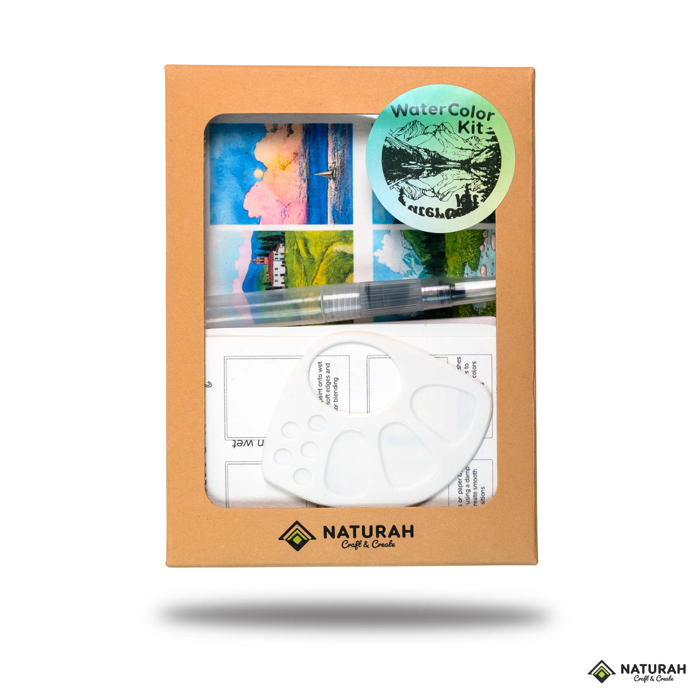 Naturah Craft & Create Landscape 2.0 Watercolor Kit - DIY Watercolor Set with 36 Paints, Mini Palette, Refillable Brush, & Color Mixing Chart for Travel & Home Crafting