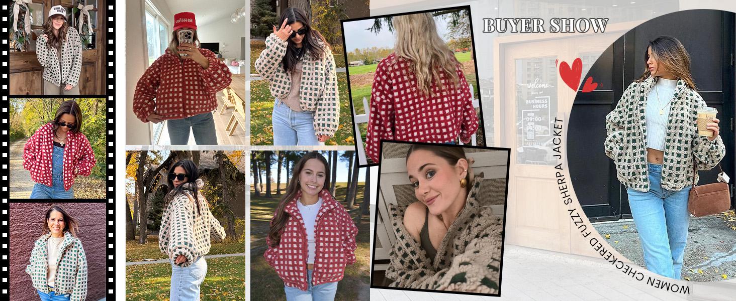 Fit and silhouette detail for Women's Relaxed Plaid Drawstring Long-Sleeve Fleece Jacket
