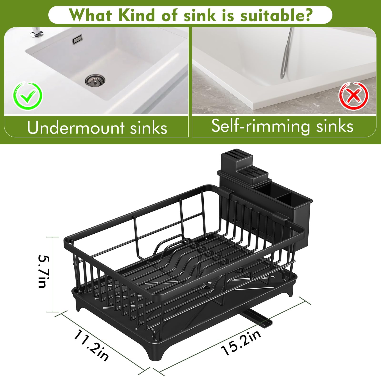 Compact Dish Drying Rack - Small Kitchen Counter Rack, Rust-Resistant Metal, Space-Saving Drainer with Removable Utensil Holder, Black