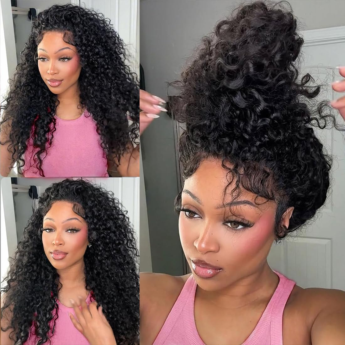 Deep Wave 360 Lace Front Wigs Human Hair Pre Plucked Pre Cut Hidden Strap Drawstring Curly Wig 180 Density Human Hair Wigs 360 HD Full Lace Wig