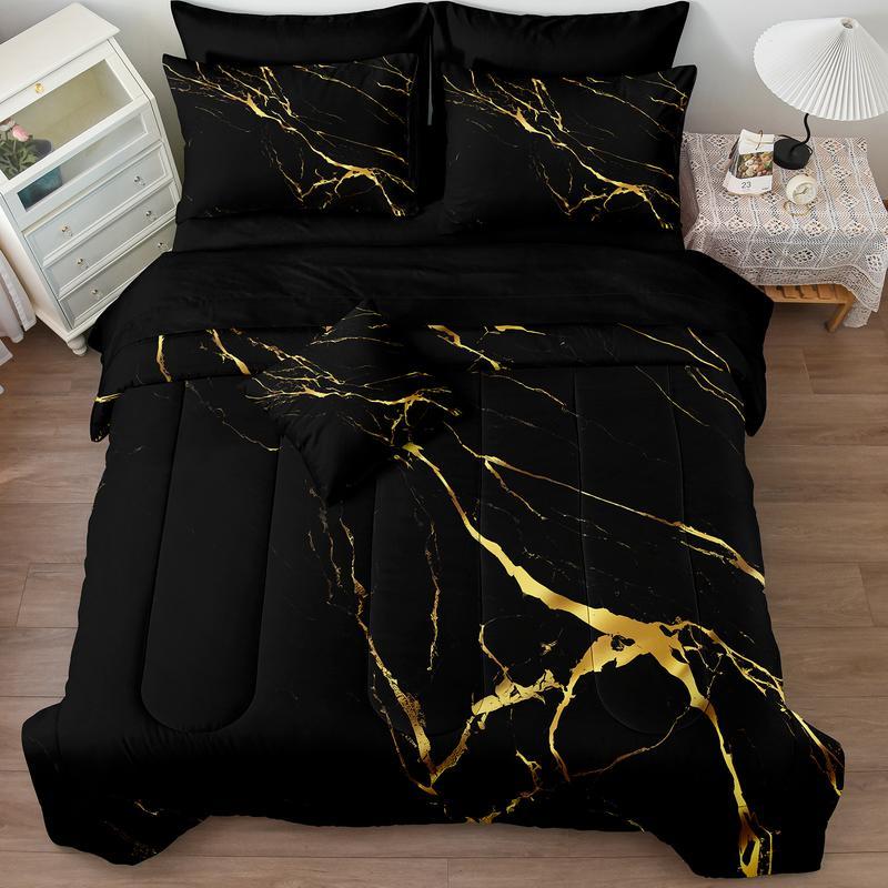 Black Marble Comforter Set Queen Size 8 Pieces Bed in a Bag Gold Metallic Marble Design Bedding with 1 Comforter, 4 Pillowcase, 1 Flat Sheet, 1 Fitted Sheet, 1 Cushion Cover
