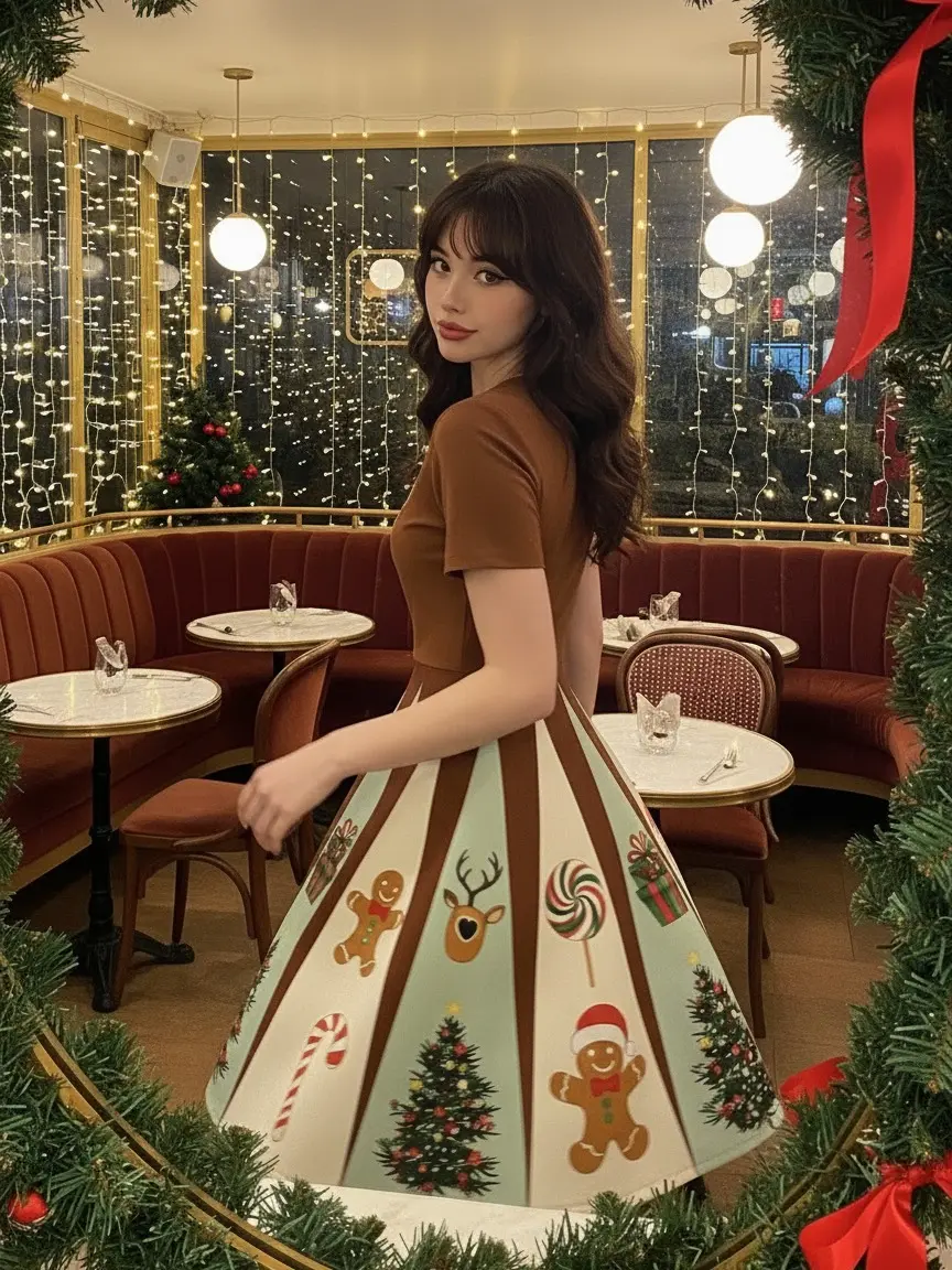 RETRO STAGE Women's 1950s Retro Gingerbread Print Swing Dress, Shortsleeve Knee-Length Fit and Flare for Christmas Parties & Going Out, Back Zipper, Cozy Retro Print