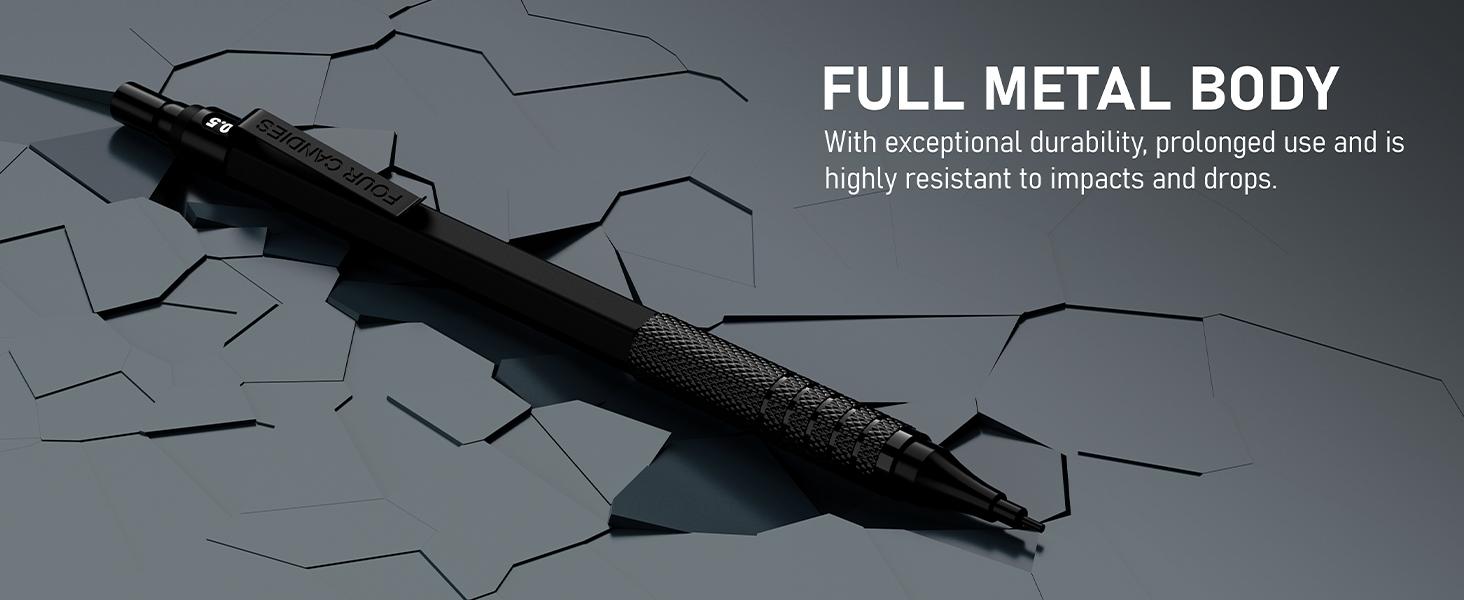 Four Candies 4PCS Metal Mechanical Pencils Set with Case, 0.5mm & 0.7 mm Artist Pencil with 8 Tubes (480PCS) HB Lead Refills, 3 Erasers,9 Eraser Refills For Writing Drafting, Drawing, Black&Sliver