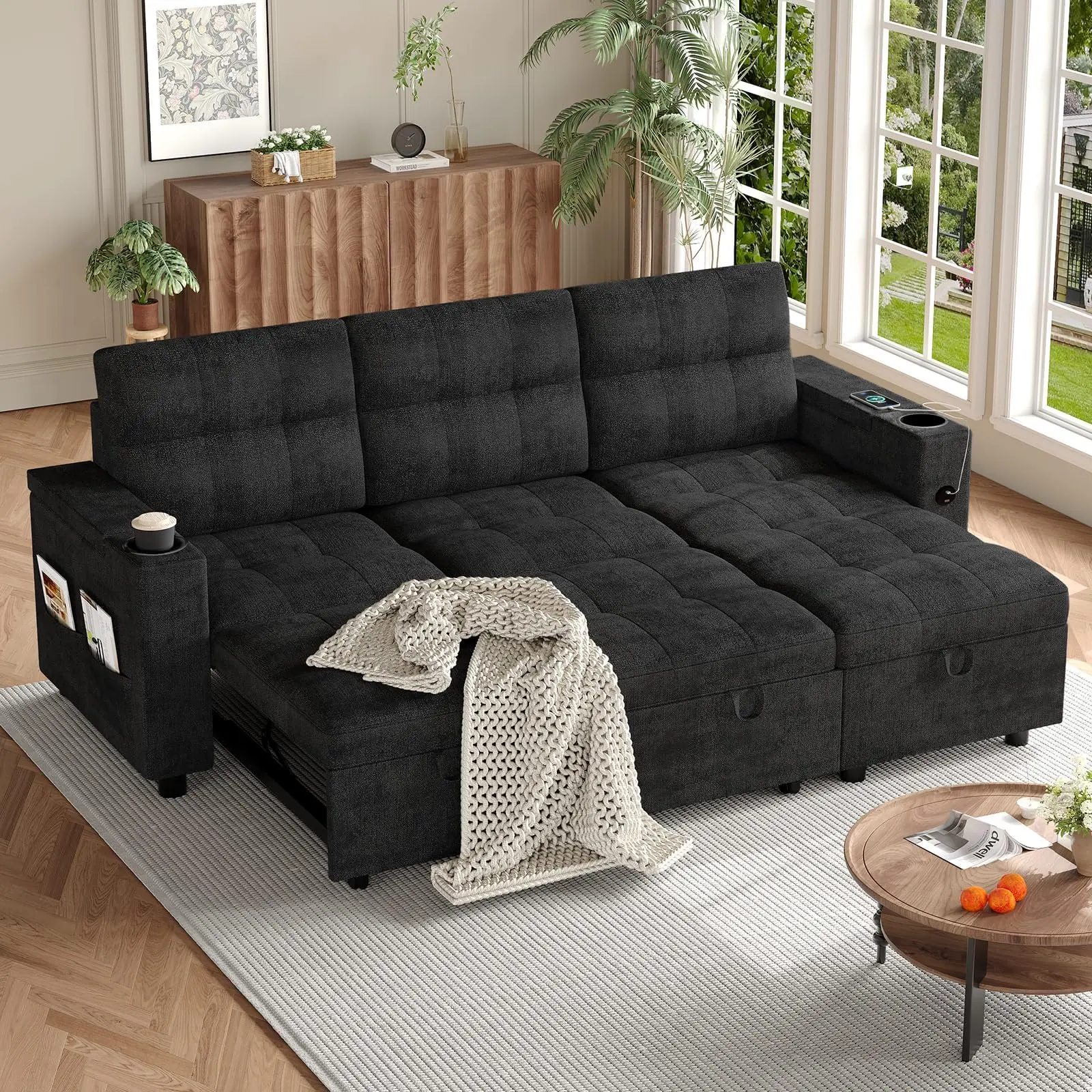 Garvee 84" Sectional Sleeper Sofa Bed with Pull Out Couch - Convertible Plush Corduroy Cloud Couch with Storage Chaise & USB Charging, Comfy l Shaped Modular Couches for Living Room, Black