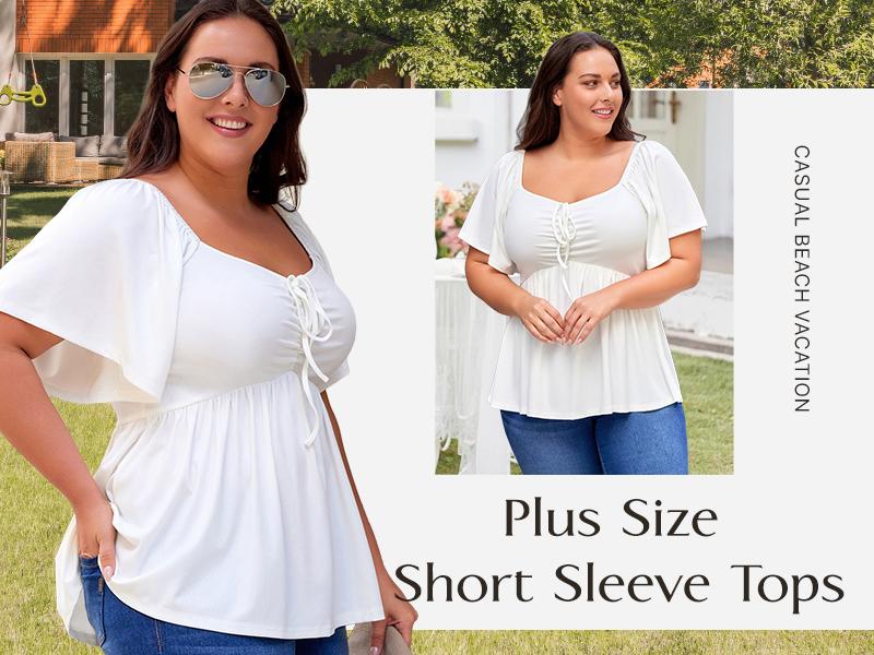 Eytino Women Plus Size Sweetheart Neck Short Sleeve Shirred Peplum Blouse Tops Shirts(1X-5X)