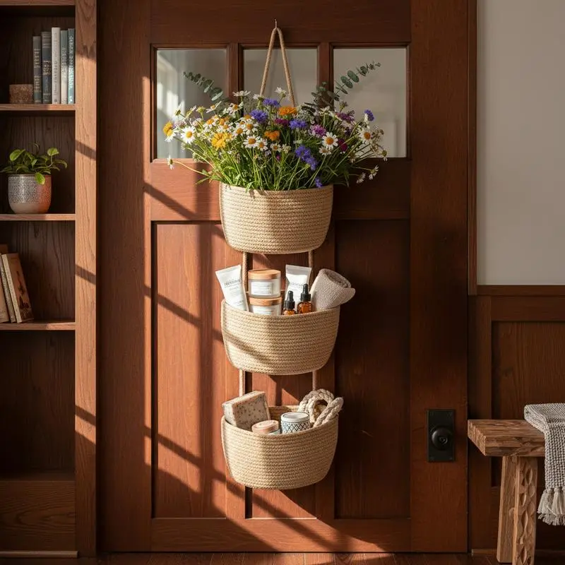 Woven cotton Over The Door Organizer Storage-3-Tier Hanging Organizer ，Bedroom， Bathroom，Decorative Nursery Baskets，Dormitory Storage，Back to School Must Have