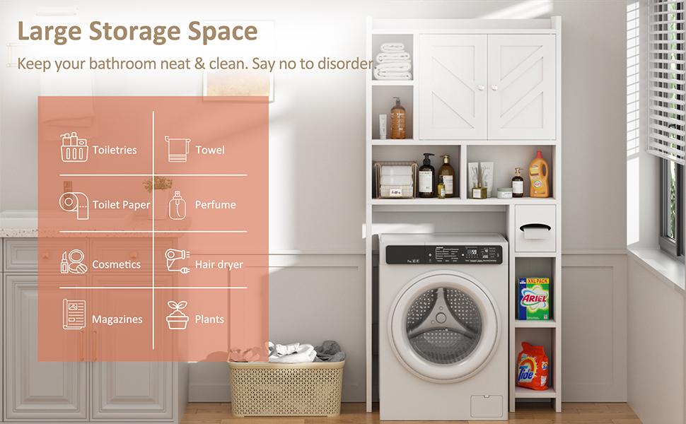 Walsunny Over The Toilet Storage Cabinet, Farmhouse Storage Cabinet with 2 Barn Door & Toilet Paper Holder Stand, Toilet Rack for Bathroom, Laundry Furniture Organizer, White