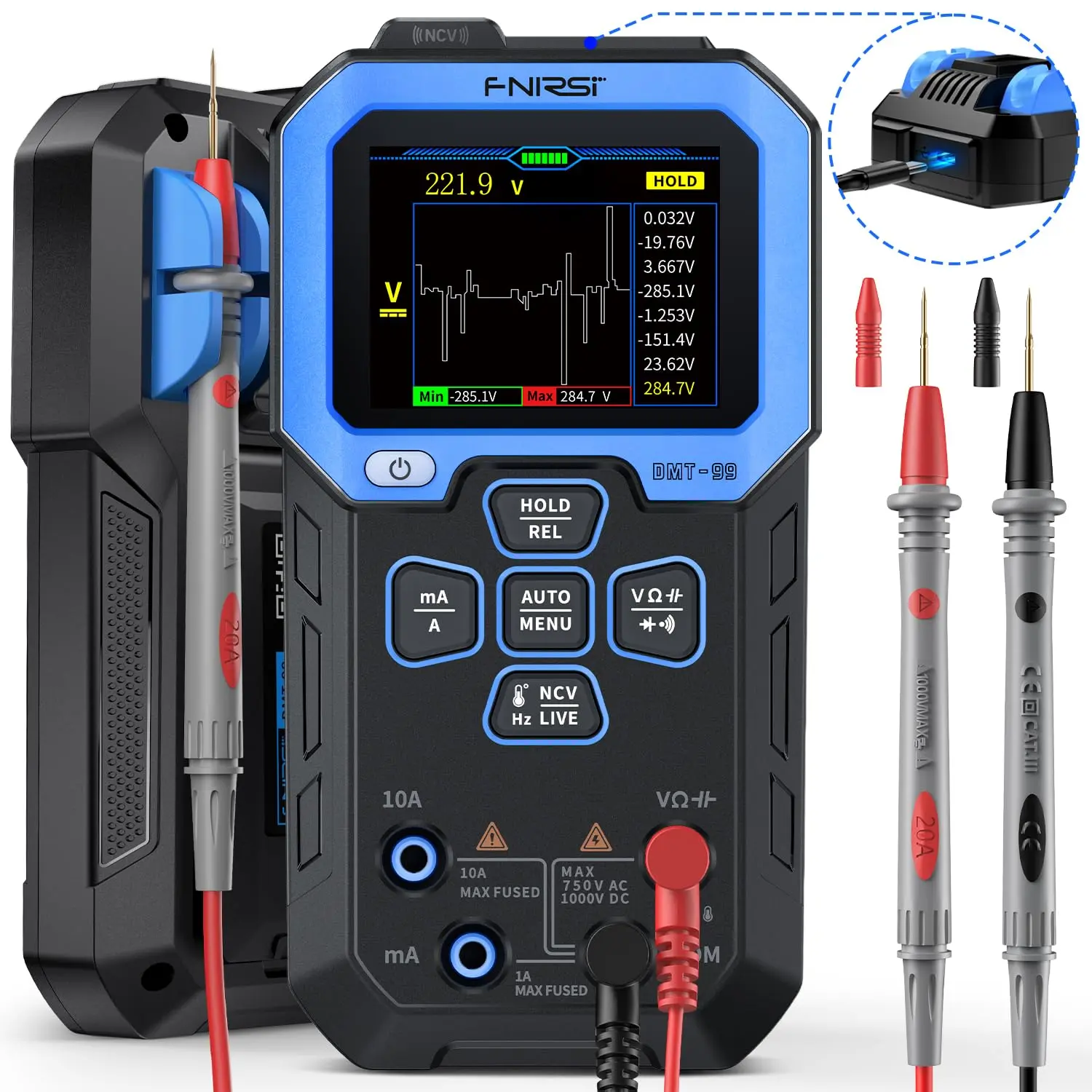 FNIRSI DMT-99 Digital Multimeter - 9999 Counts Smart Professional Automotive/Car Voltage Tester, 1000V 10A True RMS Auto Range, AC DC Ohm Hz Capacitance Measuring Tool, Voltage Monitor for Home Appliances, Tools and Gadgets, Automotive Voltage Tester, 150