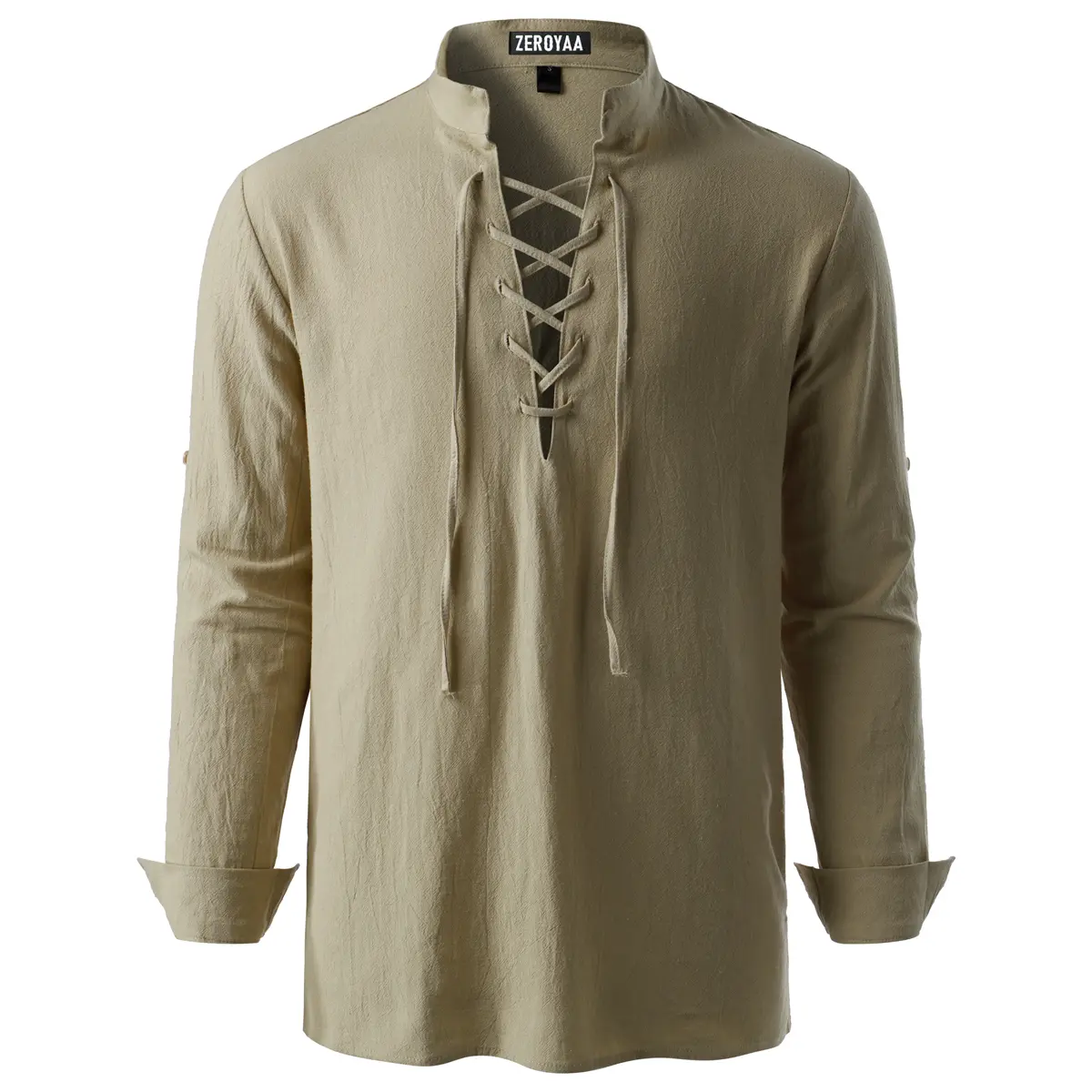 ZEROYAA Men's Medieval Vintage Long Sleeve Lace Up Shirt Renaissance Costume for Halloween Viking Pirate Cosplay Casual Menswear Funny Shirts Cotton High Quality Beige V-Neck Banded Collar Roll-up Sleeves Clothing