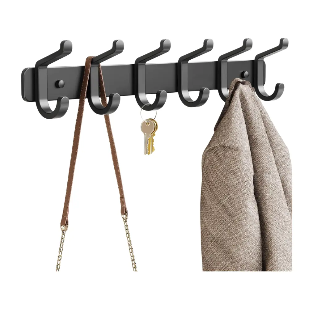 Heavy-Duty Wall Mounted 6-Hook Organizer Rack — Rustic Black Space Saver for Hats, Coats, Bags & Towels