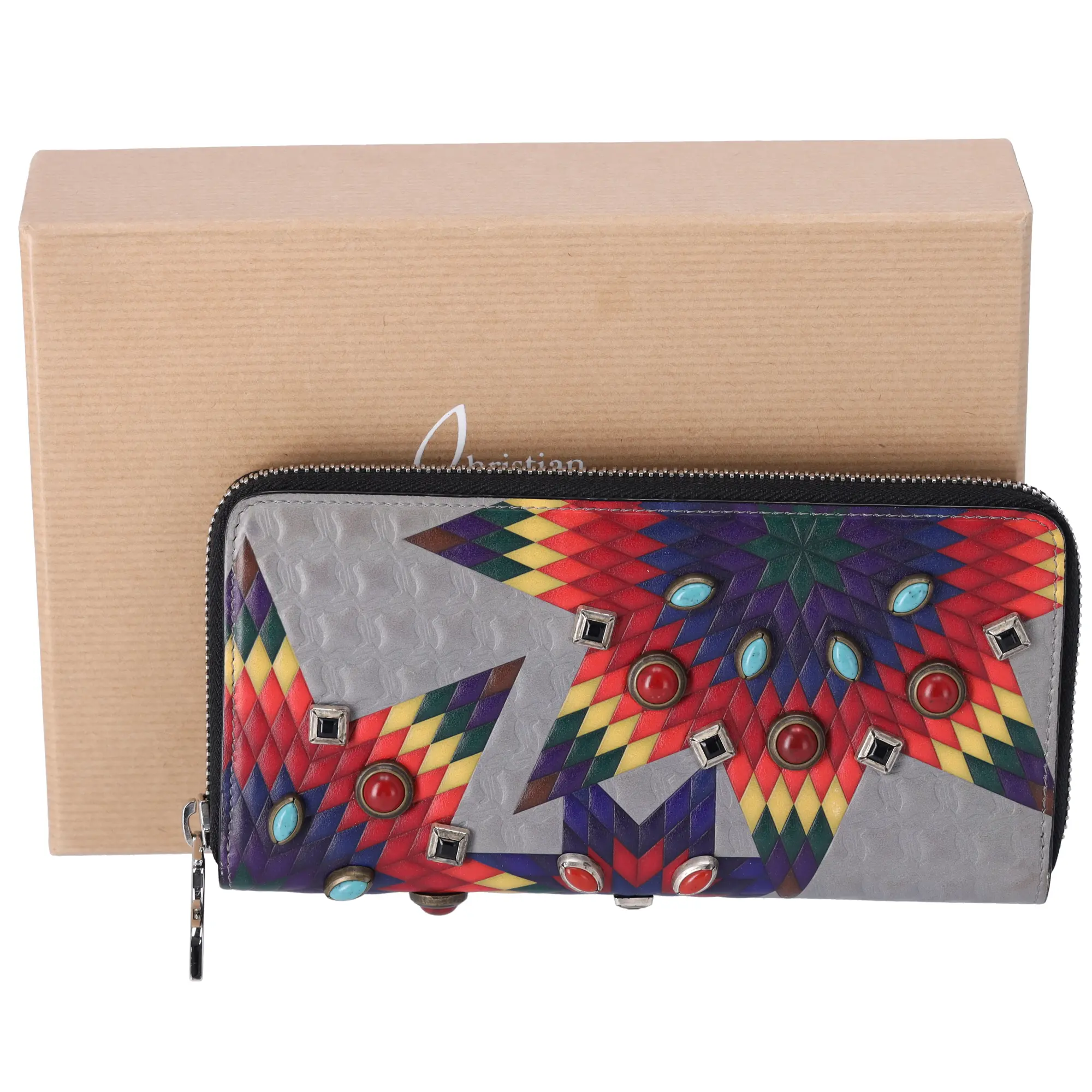 Pre-owned christian louboutin Rayon Small Leather Goods Wallet Multicolor Geometric Classic Panettone Long Wallet Gray Red Multi Leather Beaded
