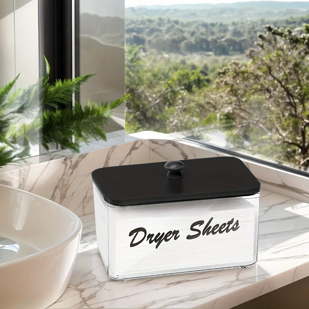 Acrylic Container Clear Transparent Storage Box, Dryer Sheet Holder, Acrylic Tissue Box Holder with Black Lid and Waterproof Labels for Laundry Room Organization, Holds Sheets, Balls, Clothes Pins, Laundry Pods, Laundry Organizer