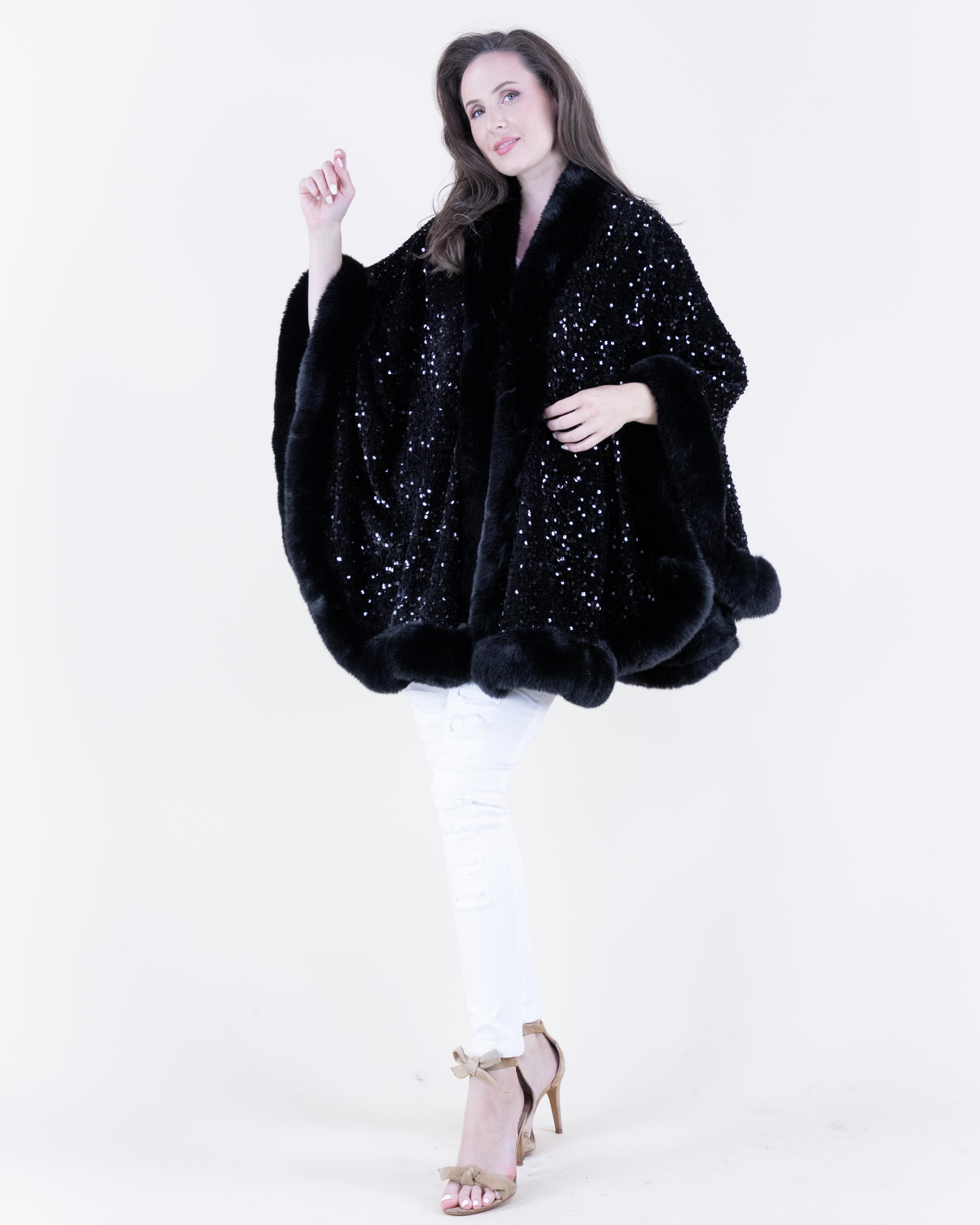 Women's Luxurious Sequin Faux Fur Trimmed Evening Cape Poncho - Elegant Outerwear for Special Occasions