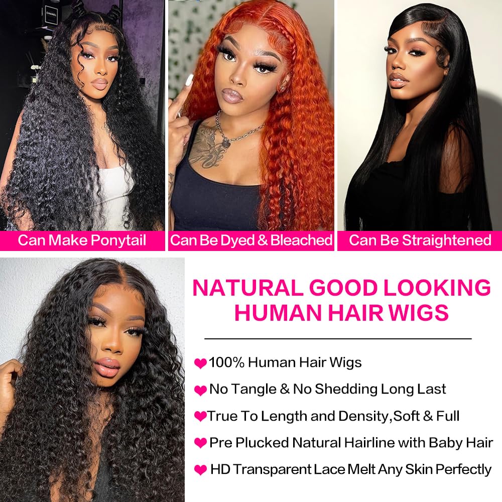 Bling Hair 13x6 13x4 Deep Wave Lace Front Wigs Human Hair 180% Density Deep Wave Frontal Wigs Glueless Wig Human Hair HD Lace Curly Wigs for Black Women Pre Plucked with Baby Hair Curly Lace Front Wig
