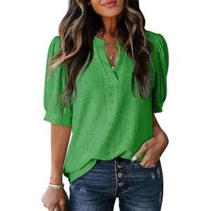 Women's Summer Business Casual Blouses V Neck Short Sleeve Shirts Hollow Out Cute Lace Tops Loose Fit Breathable Fabric, new spring/summer solid color V-neck striped loose short-sleeve T-shirts for women