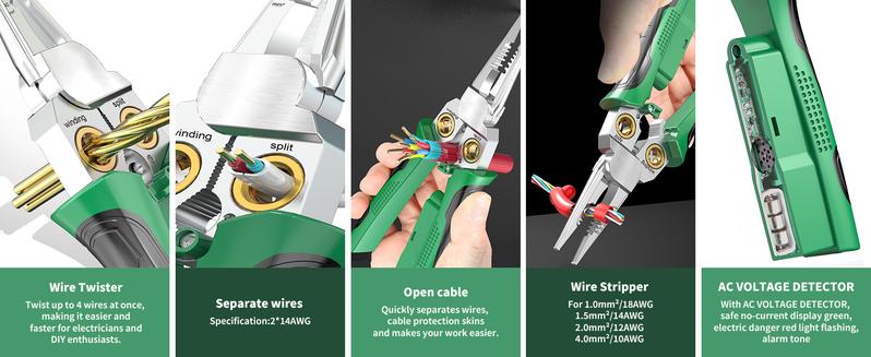 SEESE 8 In1 Wire Stripper Twister for Cutting and Pulling Wires, Multi-Function Wire Stripping Pliers,Cable Scissors,Voltage Tester Pliers, 12V to 250V Live,Null,Hot Wire Judgment AC DC, Audible and Flashing LED Alarms Holiday gifts