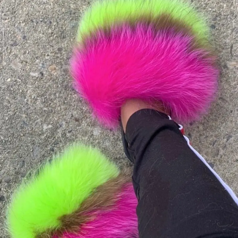 Lime Brown & Pink Fluffy Slides for Women & Girls - Indoor/Outdoor Comfortable & Stylish Open Toe Fur Slides with Soft Rubber Sole sizes 6.5,7,7.5 only