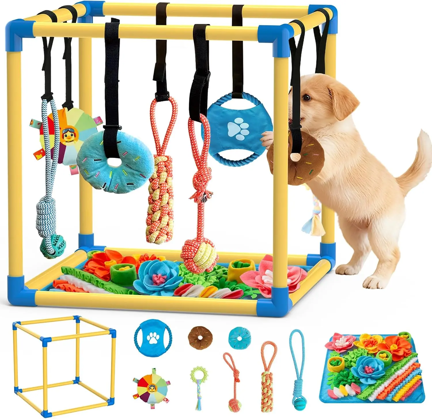 Indoor Puppy Play Set with PVC Frame, Stretchy Velcro Rope, Foraging Snuffle Mat & 8 Toy Variety - Bite-Resistant Training Aid, Interactive Indoor Enrichment for Small Dogs (Foraging Snuffle Keeps Minds Busy), Puppy Training Tools