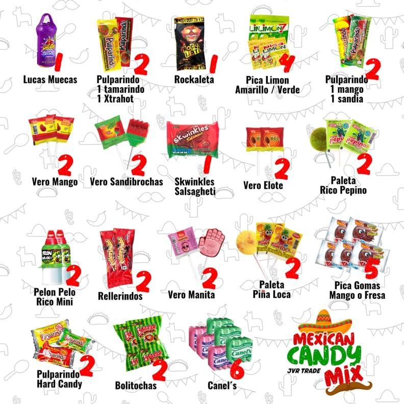 JVR Trade Dulces Mexicanos Variety Pack, ideal for kids adults and celebrations, mixed Mexican candy snacks, Luca Pelon Pulparindo Rellerindo included, 42 pieces, bold flavor variety, festive treat